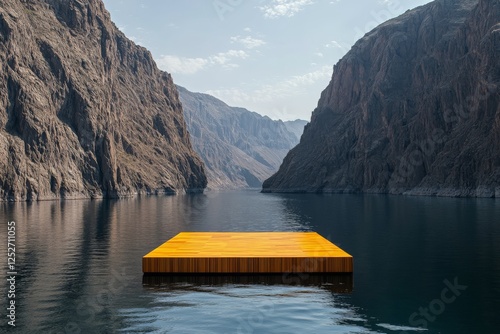 Floating wooden platform in tranquil lake surrounded by lush mountains under ...