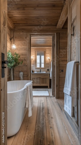 Modern wooden bathroom with large tub and natural light in scenic setting