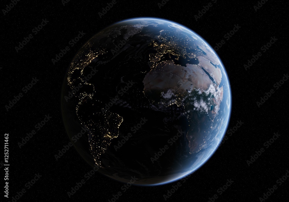 Earth from Space at Night, Showing City Lights in a Dark Cosmos Earth from Space at Night, Showing City Lights in a Dark Cosmos
