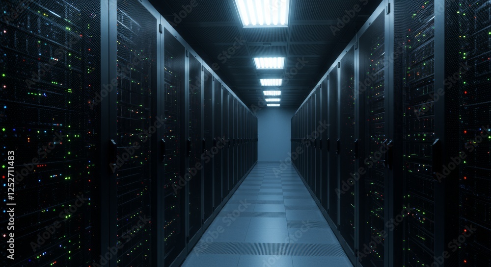 Server room with multiple server cabinets, technology and data processing Server room with multiple server cabinets, technology and data processing