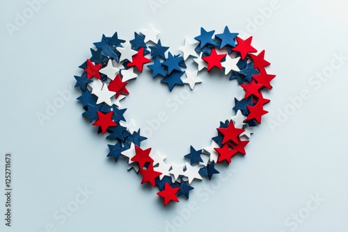 Colorful star-shaped decorations arranged in heart shape on blue background f...