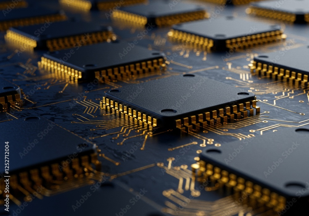 Dark close-up of microchips and electronic components on a board Dark close-up of microchips and electronic components on a board