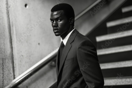 Elegant man in suit standing on stairs with a serious expression during an ur...
