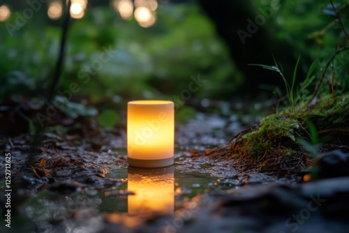 Soft glowing lantern resting on calm water surface near rocks during twilight