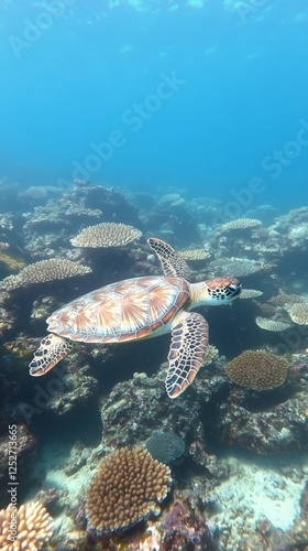 Beautiful sea turtle swimming gracefully over colorful coral reef in a vibran...