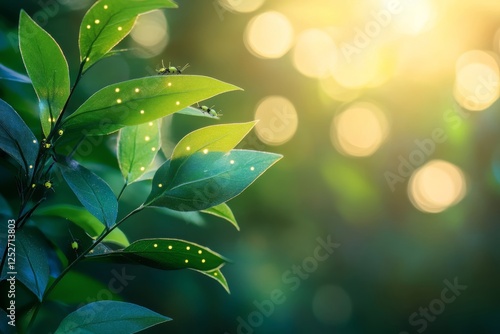 Bright green beetles cluster on leafy plant under natural light in a lush env...