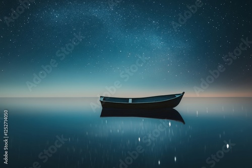 Calm boat resting on still water under starry night sky in a tranquil setting