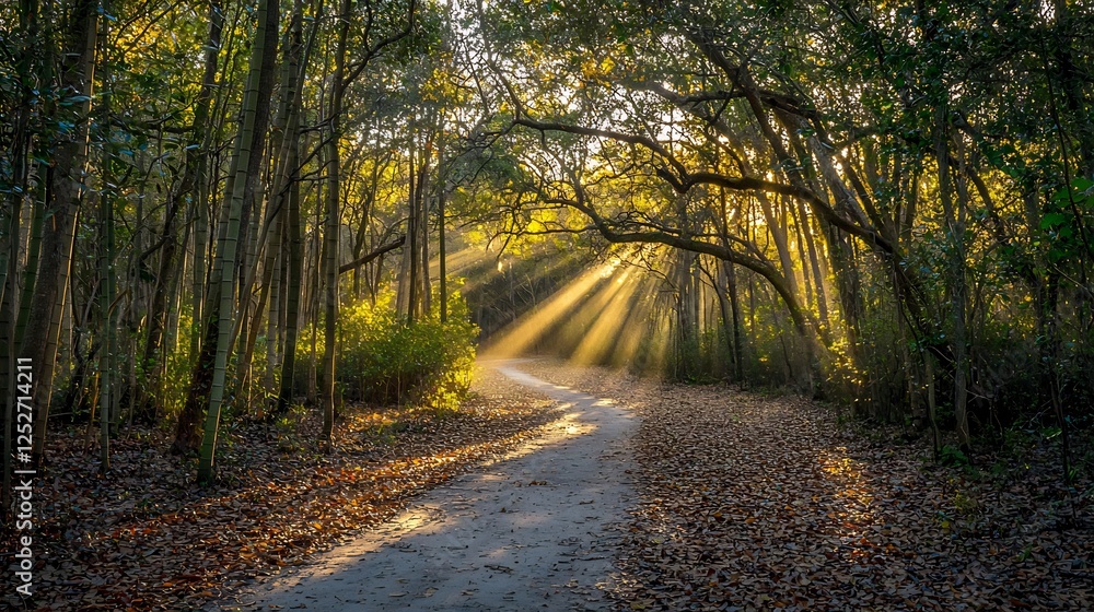 Sunlight streams through trees in forest illuminating the path of a small trail Sunlight streams through trees in forest illuminating the path of a small trail