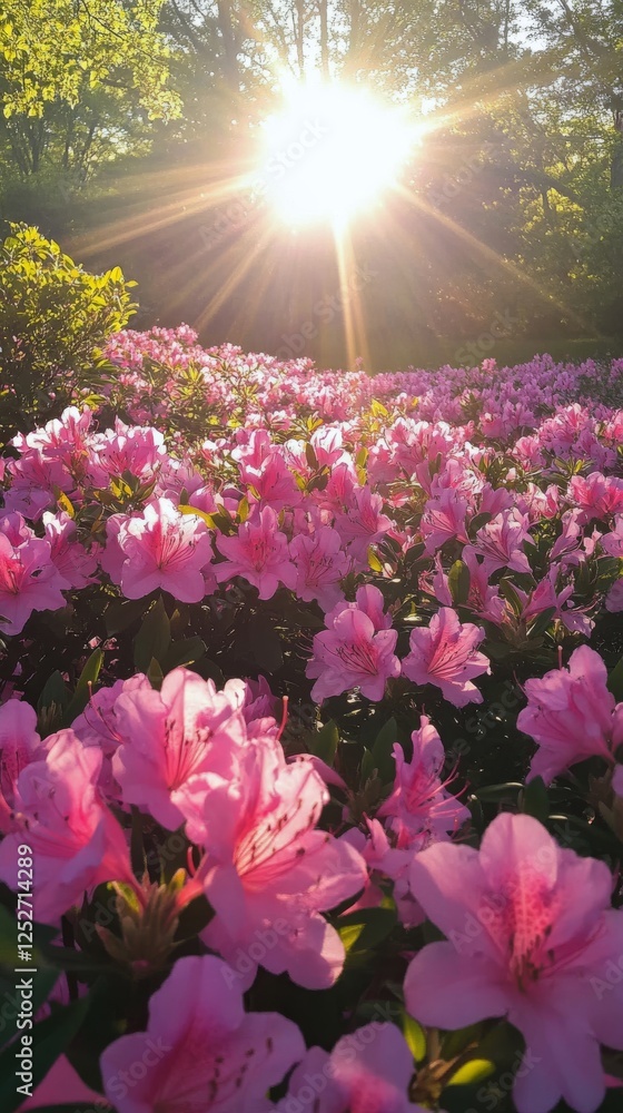 Naklejka premium Beautiful pink azaleas bloom under the sun in a vibrant spring garden