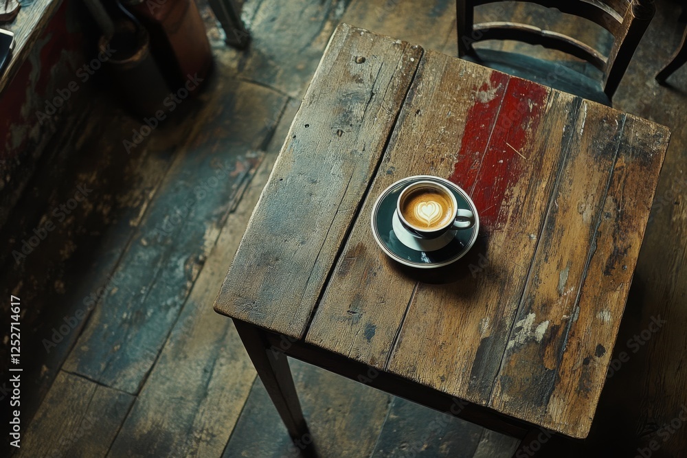 Freshly brewed coffee on rustic wooden table in cozy cafe setting Freshly brewed coffee on rustic wooden table in cozy cafe setting