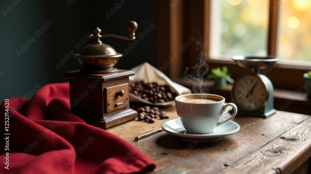 Fototapeta premium Aromatic Coffee Steam Rising from a Cup, Beans, Grinder, and Rustic Wooden Table