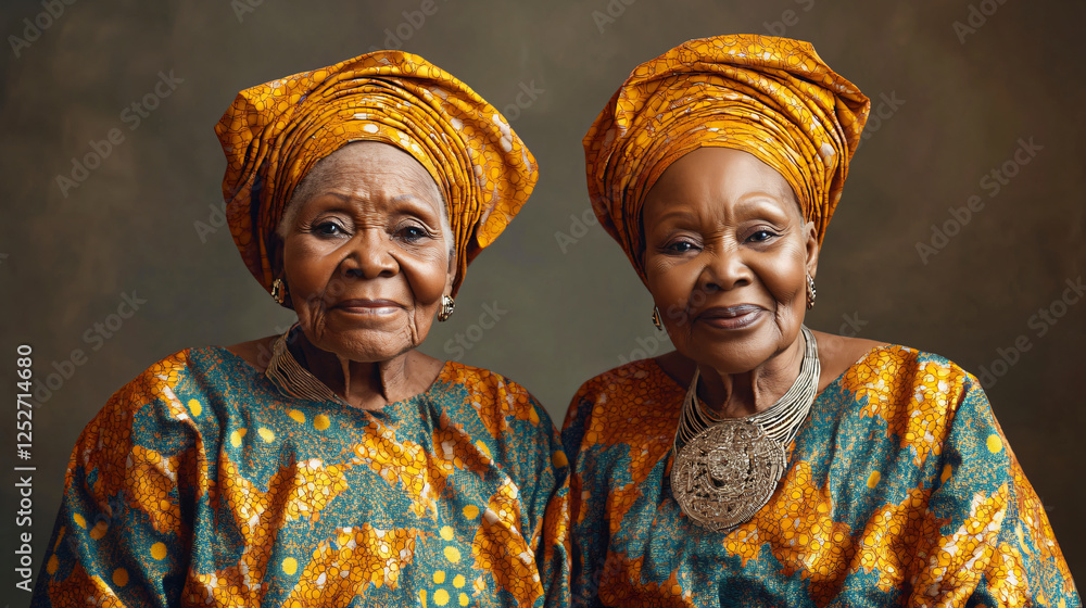 Fototapeta premium Nigerian elderly twin women traditional agbada gele cultural attire regal intricate embroidery rich heritage portrait unity African beauty pride travel folk family bond duo love exotic noble fabric