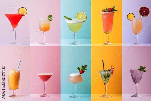 Colorful cocktails displayed in various flavors under bright lighting at a fe...