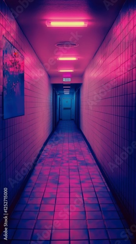 Bright neon corridor illuminated with pink and blue lights in a modern building