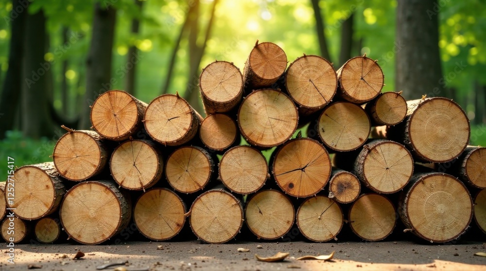 A stack of neatly arranged tree logs rests on a forest floor, bathed in sunlight filtering through the lush green canopy. A stack of neatly arranged tree logs rests on a forest floor, bathed in sunlight filtering through the lush green canopy.