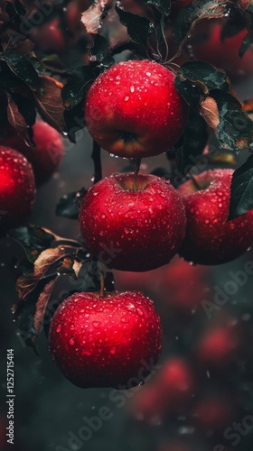 Fresh red apples hanging from branches in an orchard during late autumn
