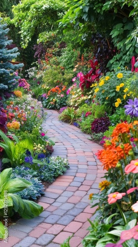 Fototapeta Naklejka Na Ścianę i Meble -  Colorful garden pathway winding through vibrant flowers in full bloom