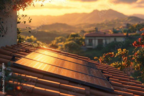 Rooftop solar panels sunset mountain village photo