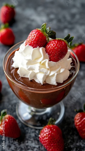 Delicious chocolate mousse topped with whipped cream and fresh strawberries i...