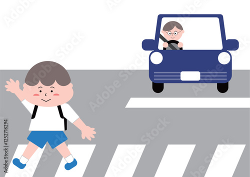横断歩道を渡る男の子と一時停止する車