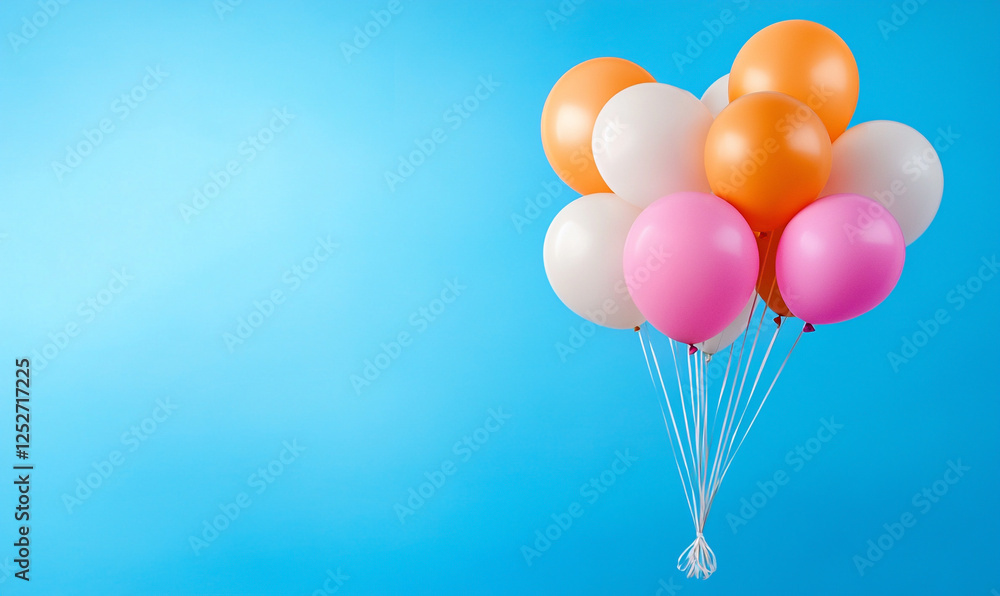 A cluster of colorful balloons floating against a bright blue background. A cluster of colorful balloons floating against a bright blue background.