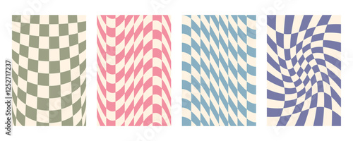 Groovy distorted checkered background set. Hand drawn groovy, hippie backgrounds. Distorted checker, warped streaks, fluid liquid wavy lines, doodle waves. Checkered rectangle templates collection.