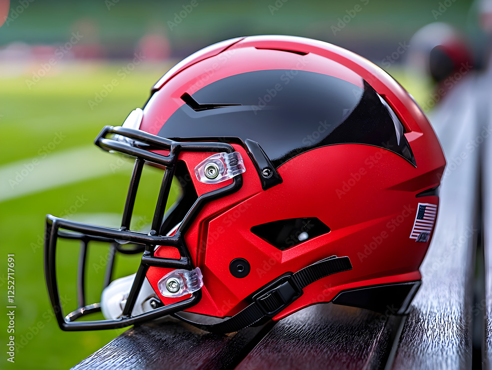 Fototapeta premium close up of red football helmet on sideline bench, showcasing its glossy finish