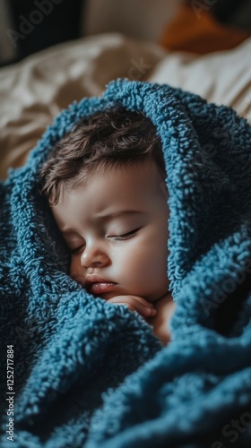 Baby wrapped in cozy blue blanket with bright smile at home in the morning light