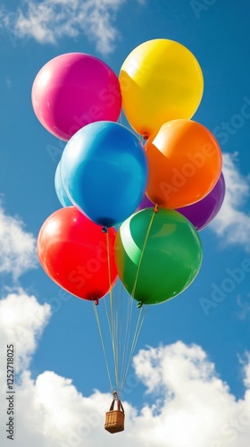 Colorful balloons floating against a bright blue sky during a sunny day in a ...
