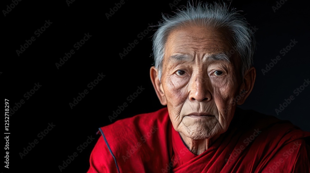 Obraz premium Portrait Of Elderly Buddhist Monk In Red Robe