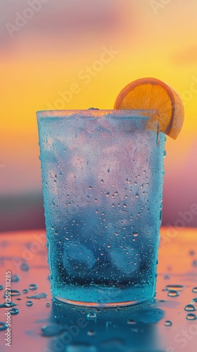 Refreshing cold drink with condensation on glass captured in warm evening light