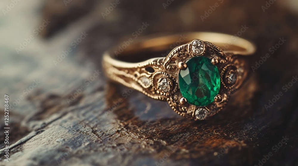 Ornate gold ring with emerald on rustic wood Ornate gold ring with emerald on rustic wood