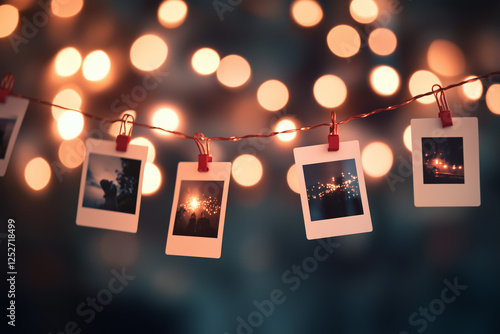 Instant photos hanging on string with clips, glowing bokeh lights background, capturing memories, nostalgia, intimate atmosphere, festive home decor and romantic moments