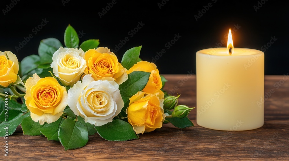 Yellow And White Roses With A Lit Candle On Rustic Wood Yellow And White Roses With A Lit Candle On Rustic Wood
