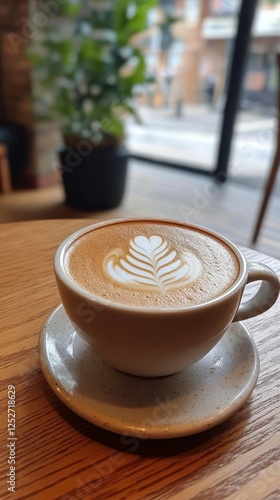 Hot black coffee in a white cup on a wooden table during morning light