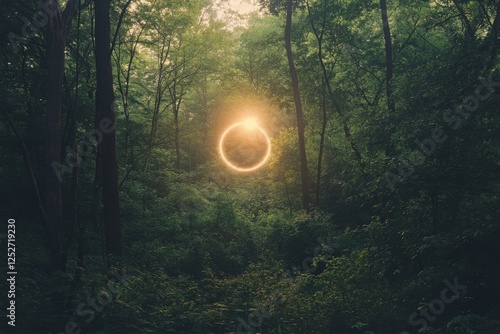 Sunlight filters through a circular opening in a lush green forest at midday