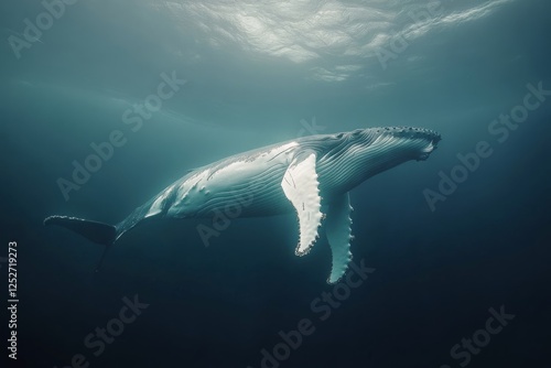 Humpback whale gracefully swimming in deep ocean waters during daylight