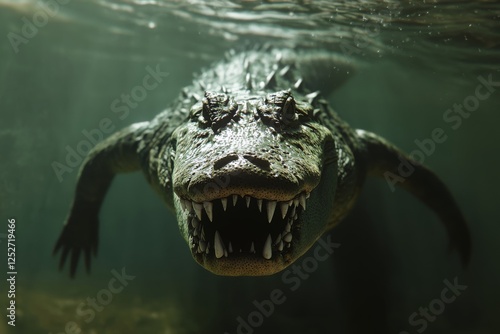 Crocodile with powerful jaws swimming in murky water