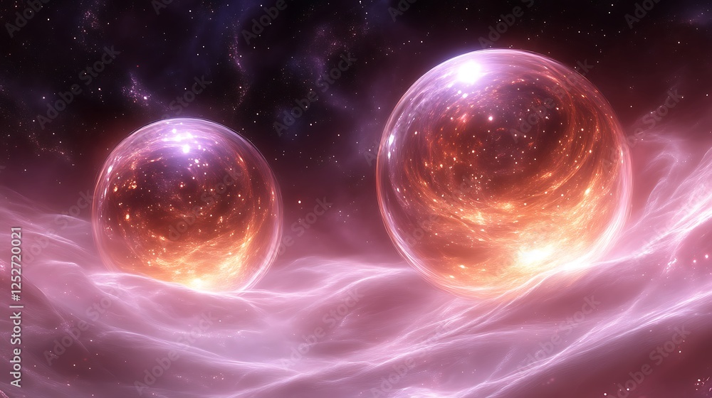 Fototapeta premium Two Luminous Celestial Bodies in a Pink Nebula