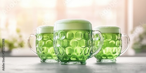 Three glasses of foamy green lime beer served in traditional mugs, perfect for a relaxed gathering at the pub.
