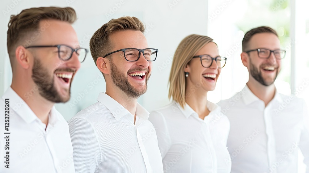 Fototapeta premium A cheerful group of four professionals in white shirts and glasses, smiling and laughing together in a bright, modern environment.