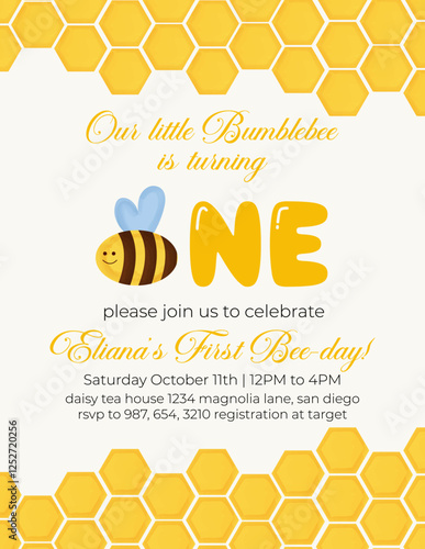 Birthday invitation card vector template design. Bumblebee birthday Party theme with honey comb, honey and honey bee watercolor background.