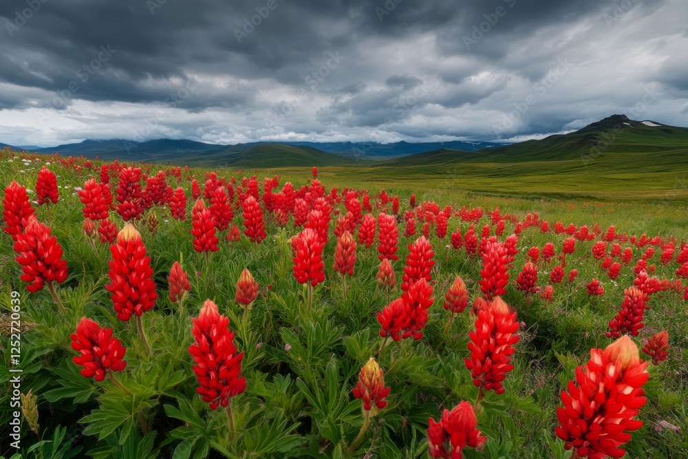 Fiery red wildflowers bloom in a dramatic landscape under stormy clouds Fiery red wildflowers bloom in a dramatic landscape under stormy clouds