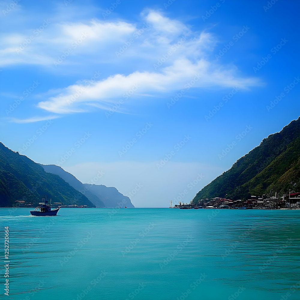 Serene Seascape Illustration: Boat on Teal Water Serene Seascape Illustration: Boat on Teal Water