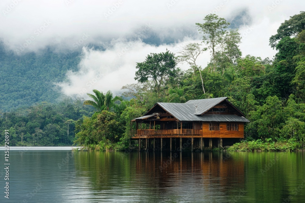 Fototapeta premium Cozy log cabin by the serene lake surrounded by lush evergreens during a calm afternoon