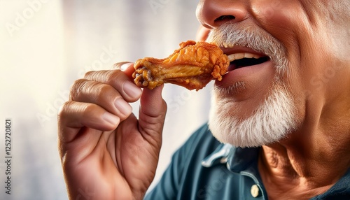 A perfect fried chicken wing in the mouth of an elderly man close-up; ideal for advertising and banner, poster, cafe menu, restaurant business