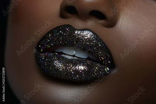 Shimmering lips adorned with glitter in warm light during an artistic photoshoot
