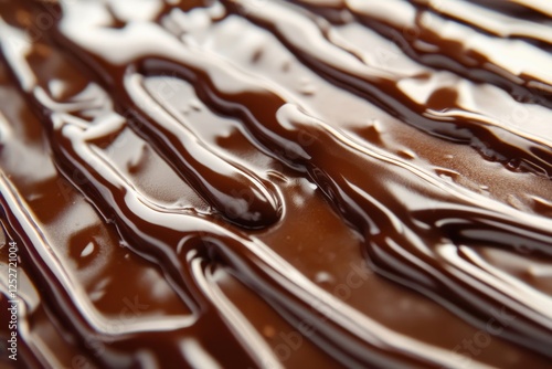 Rich chocolate syrup glistening on a dessert surface in a warm kitchen setting