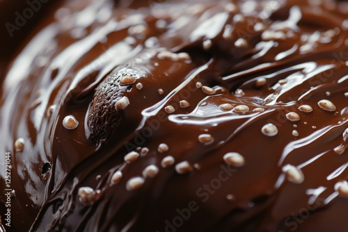 Rich chocolate syrup glistening on a dessert surface in a warm kitchen setting
