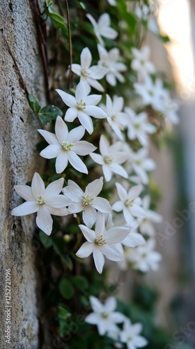 Delicate white flowers blooming against a rustic wall in a serene outdoor set...